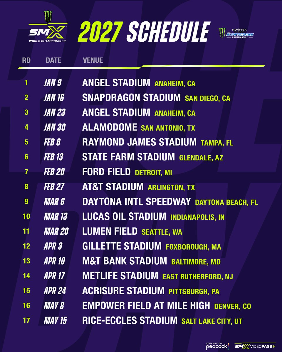 SupercrossLIVE's tweet photo. The Monster Energy Supercross 2027 schedule presented by iHeartRadio is here!
 
Visit https://t.co/L1YFaBB8eX to join the waitlist for presale access. Tickets go on limited presale Oct 6.

#SMX #2027Schedule #SupercrossLIVE https://t.co/PPmNXKupOq
