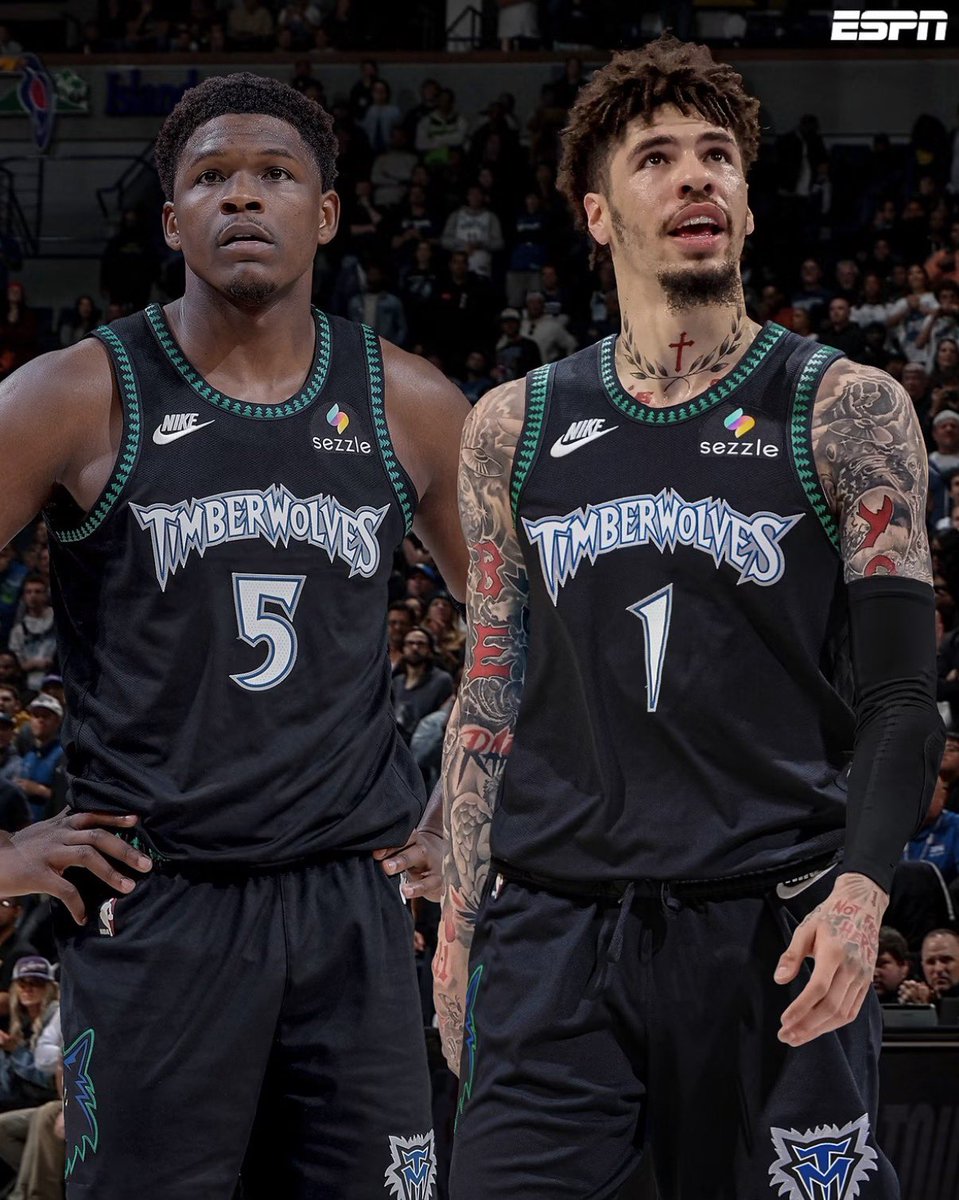 nbanerdd's tweet photo. Lowkey wild that Anthony Edwards is probably gonna draw the best defender every night, which most likely puts someone on Lamelo that absolutely can not guard him, especially stopping his paint touches.

If you’re not an elite defender, you are not stopping 6’7 Lamelo ball from getting a paint touch. The gravity on/off the ball is gonna be so beautiful for the Timberwolves. 

Actually an insane pairing 🤩