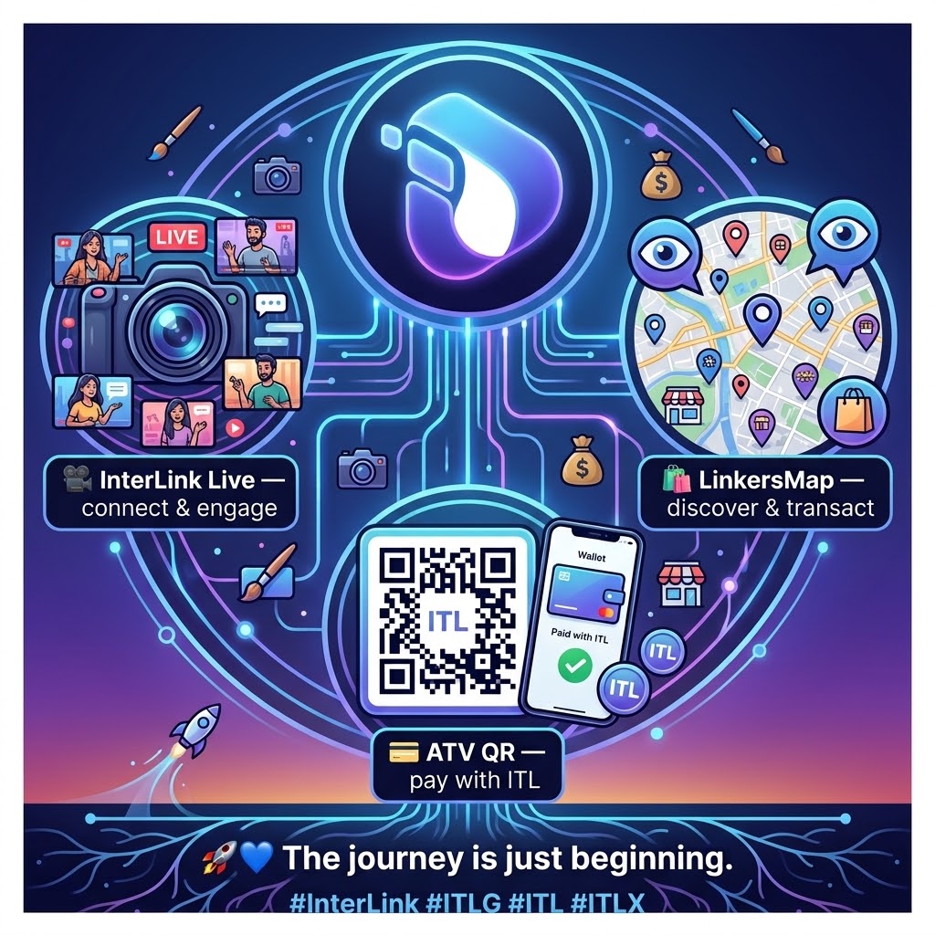 ssdrop27's tweet photo. 🌐 @inter_link  is connecting creators, payments, and commerce in one ecosystem.

🎥 InterLink Live: connect &amp; engage
💳 ATV QR: pay with ITL
🛍️ LinkersMap: discover &amp; transact

The ecosystem is growing, and the journey is just beginning. 🚀💙

#InterLink #ITLG #ITL #ITLX https://t.co/Fmmceqz3br
