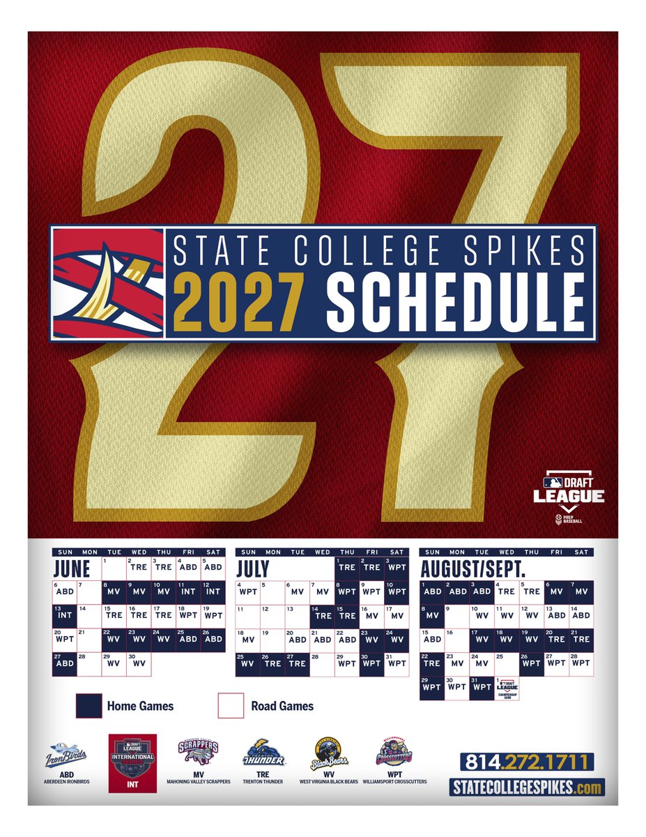 SCSpikes's tweet photo. The State College Spikes' 2027 schedule is out, with 40 home games, including the return of the @mlbdraftleague International Series!

For the first time ever, get single-game tickets for all 40 home games now at https://t.co/cGG6NS04js

More info at https://t.co/kA2za9yKoF https://t.co/8ecJNQp9Hw