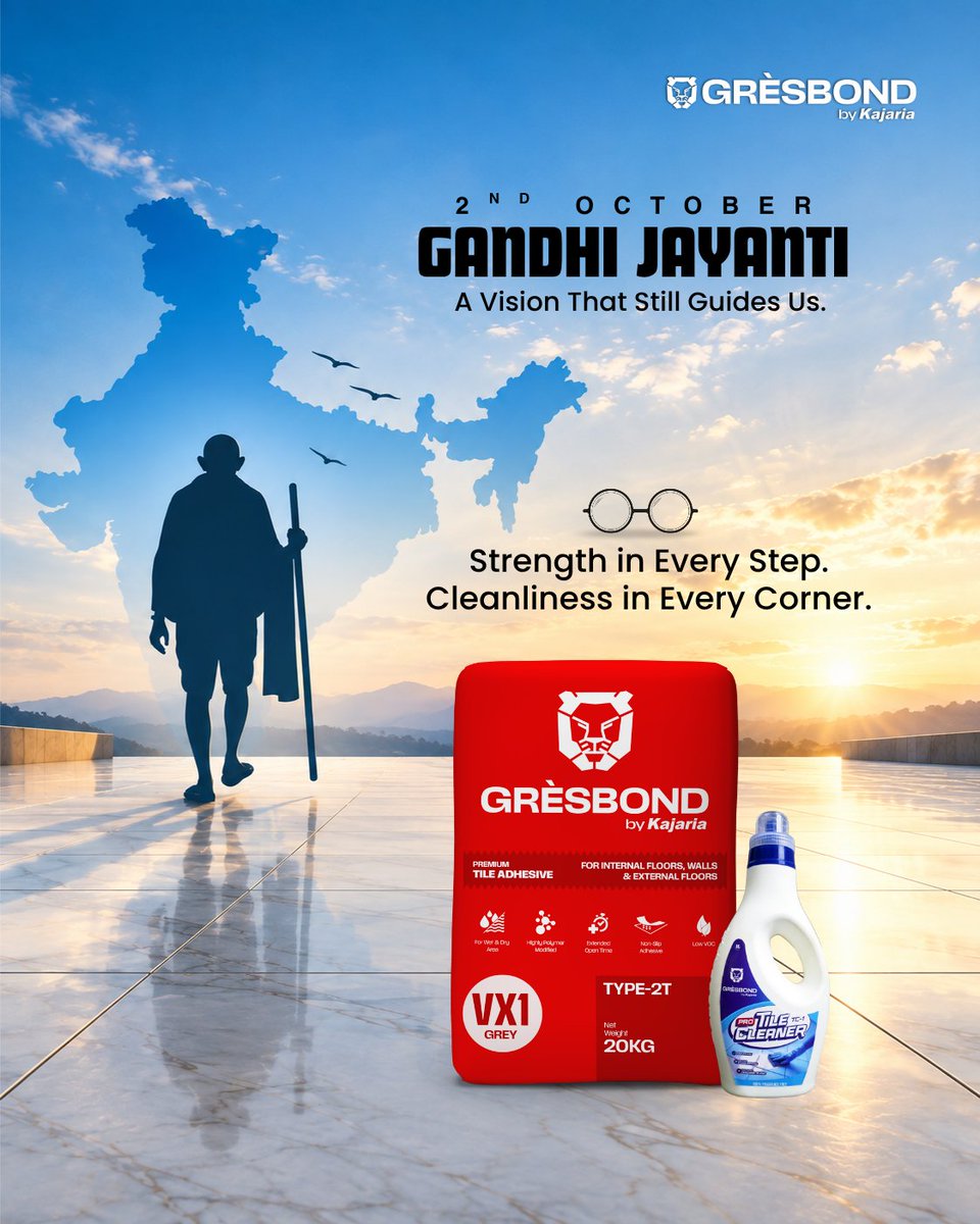 gresbond's tweet photo. Some values never go out of style.

Strength. Simplicity. Cleanliness. This Gandhi Jayanti, we remember the ideals that continue to shape the homes and spaces we build.

Backed by 36 years of Kajaria's tile expertise.

Gresbond by Kajaria. Tile Expert Ka Tile Adhesive. https://t.co/FXNNcpeyJA