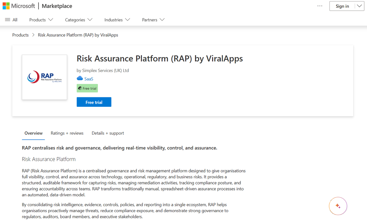 simplexsvcs's tweet photo. Quite chuffed that our product – Risk Assurance Platform (RAP) – is now listed on the Microsoft Marketplace.

Check RAP on Microsoft Marketplace: https://t.co/Ks5QJLQ1M1 https://t.co/1DyLIL7x5Y