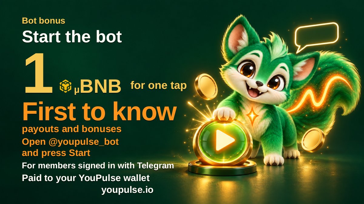 YouPulseX's tweet photo. 🤖 Start our Telegram bot and get 1 µBNB 💚

One tap, and you are first to know about payouts and new bonuses

🎁 1 µBNB goes to your YouPulse wallet
✅ Signed in with Telegram? Just press Start
🆕 Not yet? Sign in with Telegram and get 10 µBNB and 45 YPU

The link is in the first reply.

#BNB #Airdrop #Crypto #YouPulse