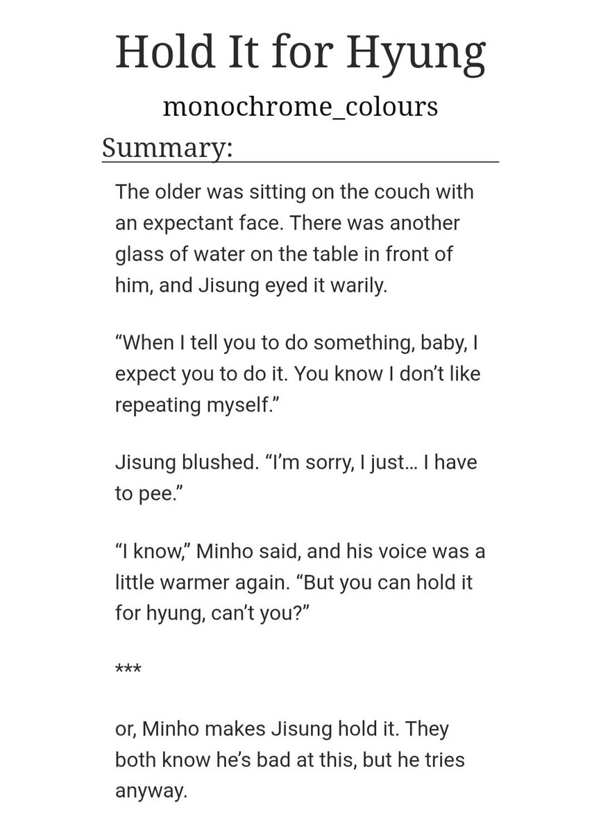 monochrome_clrs's tweet photo. Hold It for Hyung 

day 1: condoms, bratting, watersports

◾ explicit 
◾ mnho/jsng 🐰🐹
◾ 2.9k, one-shot

https://t.co/lA3Xq2XBps https://t.co/QUU23GlCM3