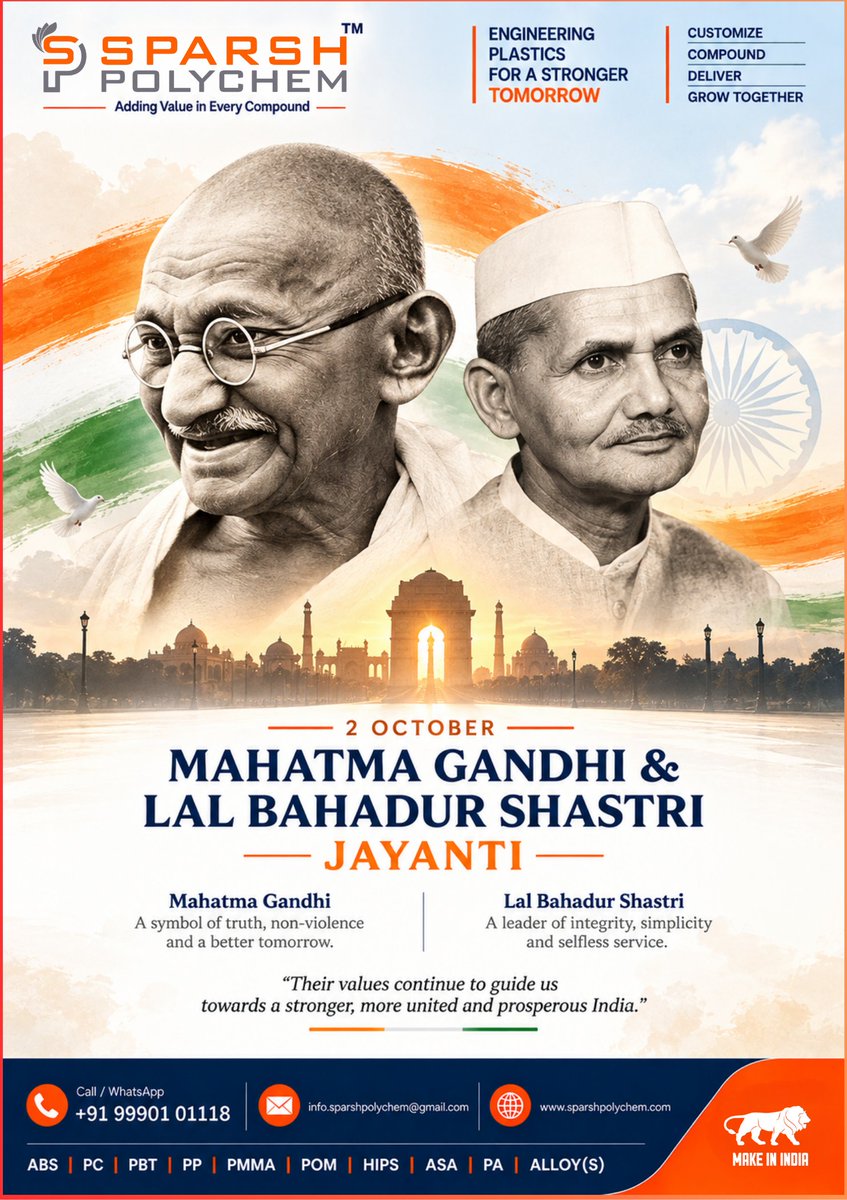 SparshPolychem's tweet photo. Remembering two great leaders on 2 October: Mahatma Gandhi, the beacon of peace &amp; non-violence, and Lal Bahadur Shastri, the epitome of simplicity &amp; resilience. 
 Let’s carry forward Bapu’s truth and Shastri Ji’s spirit of ‘Jai Jawan, Jai Kisan’! 
#GandhiJayanti #2October #Truth https://t.co/RxWCNV4P7y