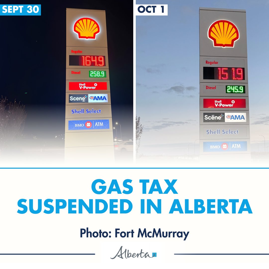 ABDanielleSmith's tweet photo. Last night, the provincial fuel tax pause went into effect.

As you can see, retailers have started to decrease fuel prices by 13 cents at the pump.

Well done 👍 https://t.co/n1O0pP4VAY