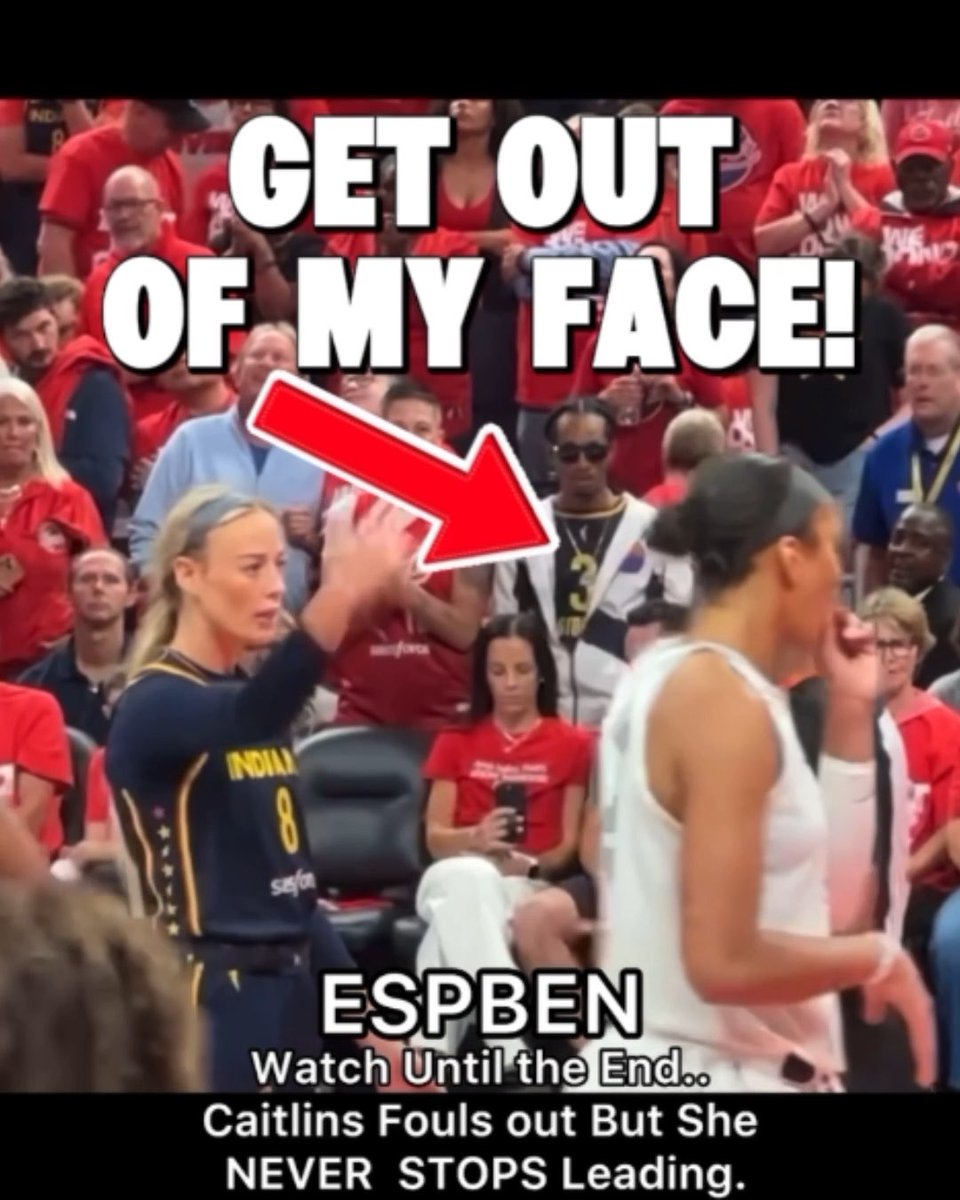 The image shows Sophie Cunningham (#8) of the Indiana Fever pointing and shouting at A'Ja Wilson of the Las Vegas Aces during a WNBA playoff game, with bold text reading "GET OUT OF MY FACE!" and a caption noting "Caitlin Fouls out But She NEVER STOPS Leading." The thumbnail reflects the post's focus on the heated exchange between Cunningham and Wilson during the Fever's playoff matchup.