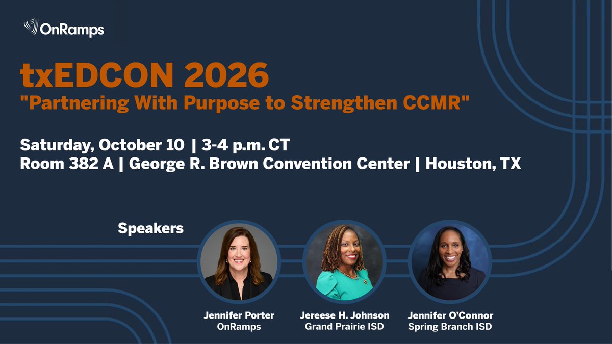 TexasOnRamps's tweet photo. Heading to #txEDCON26? Catch our session "Partnering With Purpose to Strengthen CCMR" to find out how @grandprairieisd, @KleinISD, and @SBISD are scaling CCMR pathways with OnRamps, and visit #OnRamps at booth 1307.
https://t.co/U11NNfsePy https://t.co/TSjflYmogq