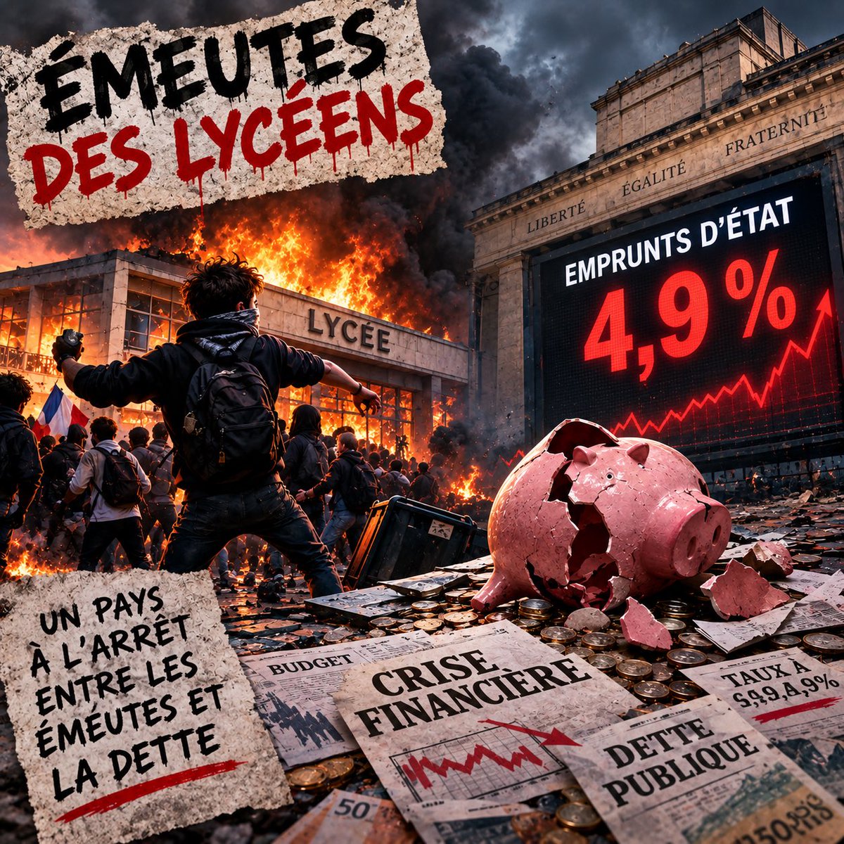 CH_Gallois's tweet photo. Les macronistes en mal d’arguments : « Si le RN passe, il y aura une crise financière et des émeutes. »

La réalité : c’est avec les macronistes aux manettes qu’il y a des émeutes et une crise financière. https://t.co/n3PXaPXZc0