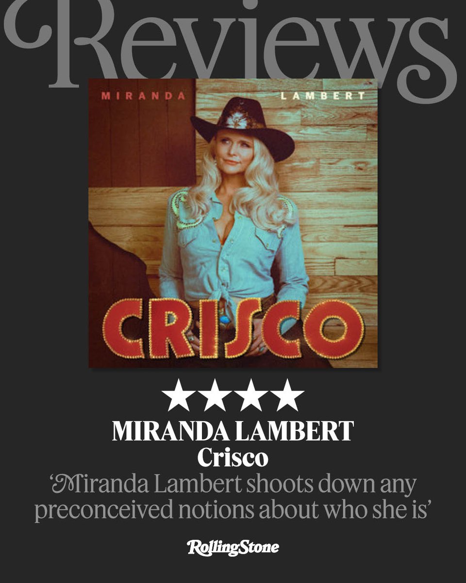 RollingStone's tweet photo. The Rolling Stone Review: Miranda Lambert's 'Crisco' 

"The country queen dips into disco and yacht rock on an effervescent reinvention of an album." https://t.co/1UhGc6YGps