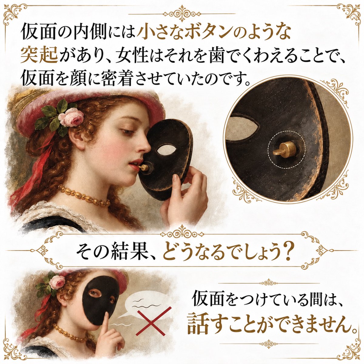 Nico_furansugo's tweet photo. なぜヴェネツィアの女性たちは「話せない仮面」をつけていたの？今夜、17〜18世紀のヴェネツィアで、女性たちが身につけていた黒い仮面、モレッタの話です！
(1/2) https://t.co/TeqCmvxyqO