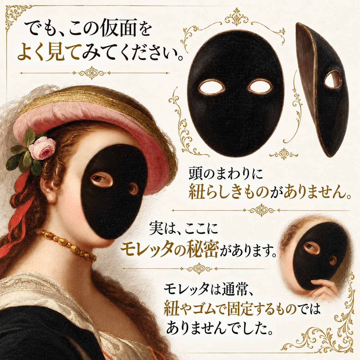 Nico_furansugo's tweet photo. なぜヴェネツィアの女性たちは「話せない仮面」をつけていたの？今夜、17〜18世紀のヴェネツィアで、女性たちが身につけていた黒い仮面、モレッタの話です！
(1/2) https://t.co/TeqCmvxyqO