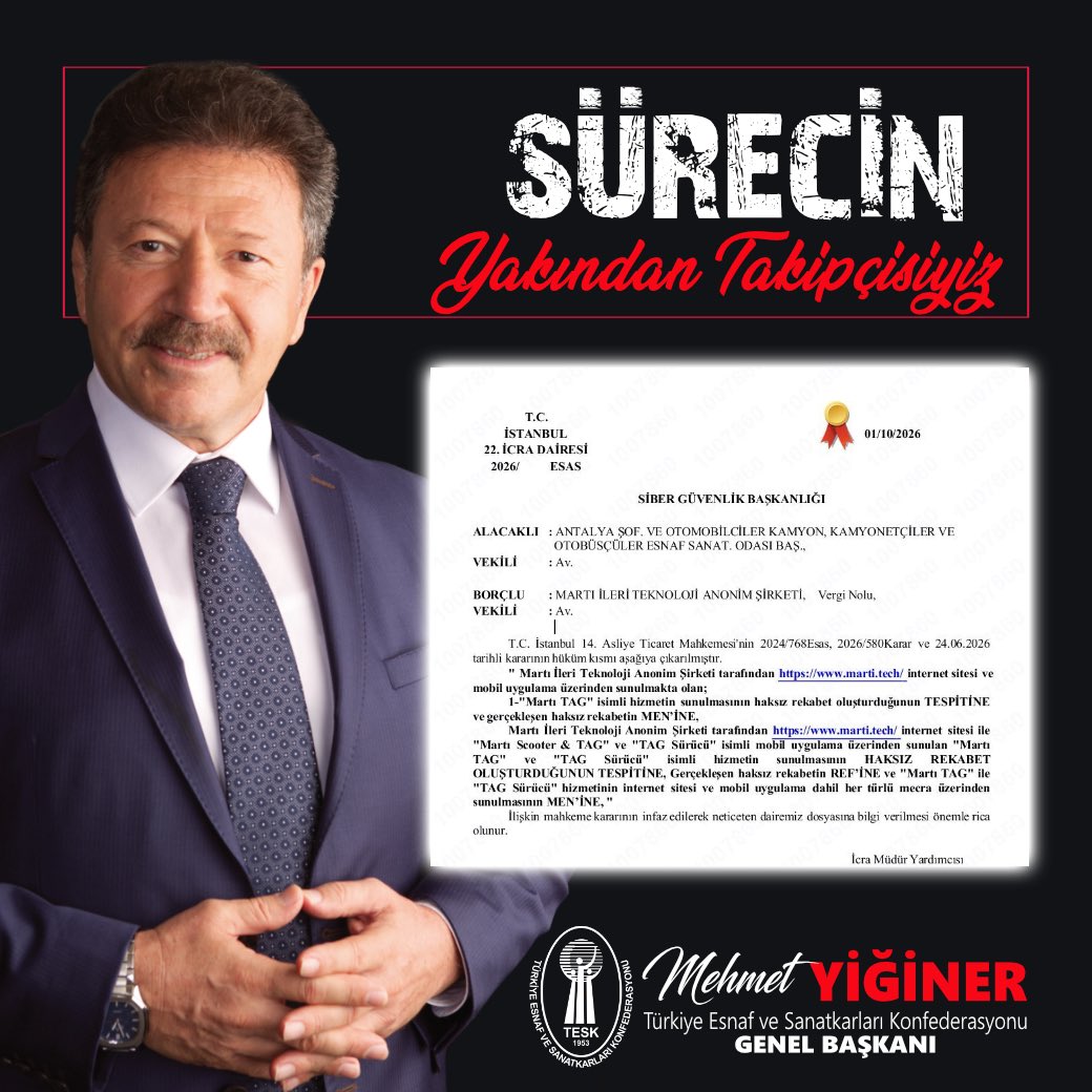 MehmetYiginer's tweet photo. Men kararı verilen korsan MARTI TAG uygulamasına ilişkin olarak, İstanbul 22. İcra Dairesi tarafından mahkeme hükmünün infazı amacıyla Siber Güvenlik Başkanlığı’na resmi yazı gönderilmiş ve uygulamanın erişime kapatılması yönündeki süreç başlatılmıştır.

Sürecin yakından takipçisiyiz.

Taksici esnafımızın ekmeğini, emeğini ve hakkını sonuna kadar korumaya kararlıyız.