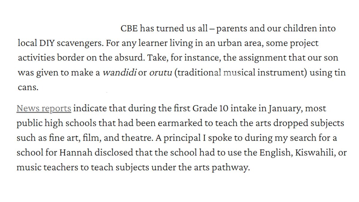 wmnjoya's tweet photo. I hope scholars of the arts and humanities are watching very carefully the degradation of African arts. We tell our children that they can make African musical instruments like toys from trash, but do we tell them to make pianos and saxophones in the same way? No. We teach them to play western instruments, but we don't teach them to make African instruments from discarded materials. And why? Because we don't take the arts seriously. We don't have music teachers to teach because we call that useless to the market.

So, Kenyan artists, do you really expect the government to take you seriously, like really, when they treat the arts like that? And let's start by dropping that title "creatives." You're artists. Meaning you have a skill and you do real work. "Creative," is something everybody is, and when you accept to be called that, you're accepting that there's nothing that you do except what everybody does. Meaning you do no work, and if you do no work, you do not need to be paid. #CBCisheretostay https://t.co/M3vDeLEa6s