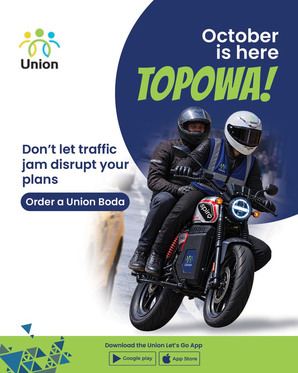 TheUnionUg's tweet photo. October has entered the chat. Nothing should stand in the way of your goals, especially not traffic jam.

Request a Union boda ride to be on a safe side.

Download the Union Let’s Go App today and ride with us! 

#UnionLetsGo #RideWithUnion #NewMonth @GyozlynB https://t.co/2RrZxwEoAL