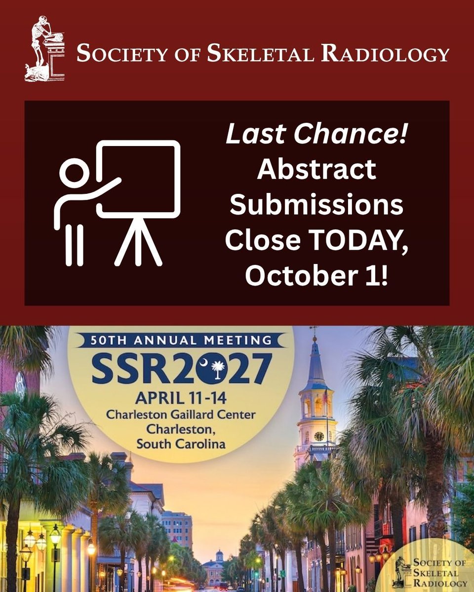 SSRbone's tweet photo. Today is the day. Submit now!

Deadline is 5pm ET tonight for #MSKRAD abstracts, Young Investigator Award applications, + SSR Scholars Program applications.

Don't miss it →https://t.co/KTHSzNWhY3 
See you April 11–14 in Charleston, SC.

@SSRbone @ssr_rwg @theAPDR @RadiologySIG https://t.co/xf7Qz8nRWB