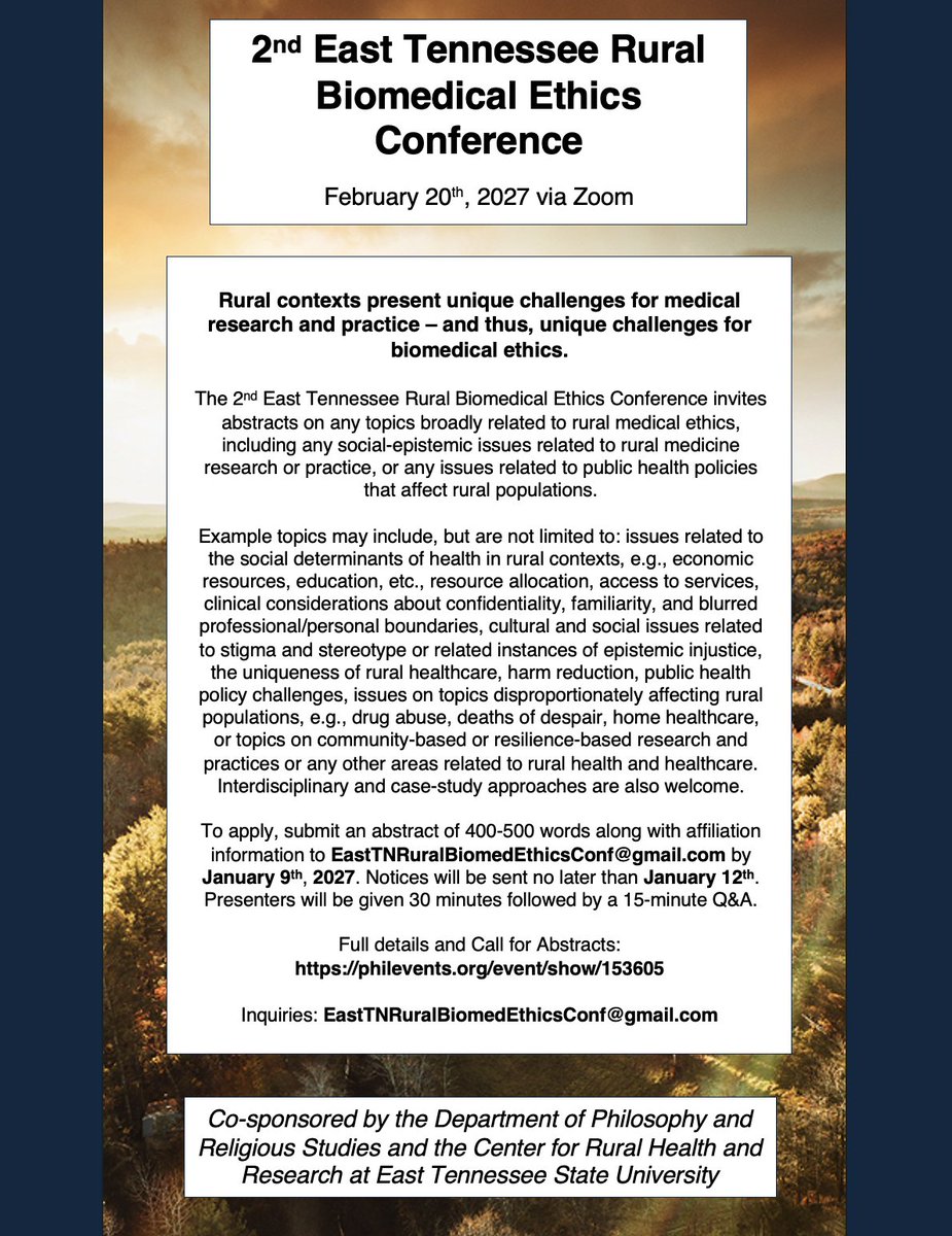 _AJDue's tweet photo. The inaugural conference was a success so we're doing it again!

Do you or anyone you know work in bioethics, philosophy of medicine, or health humanities with a focus on rural medicine? If so, please share the following call for abstracts! 

Link: https://t.co/hMKJl5o5BU https://t.co/RRvNvDDN3p