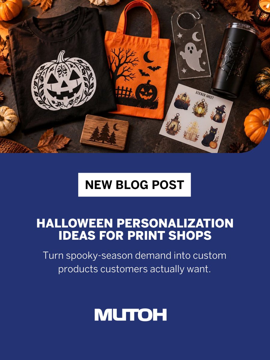 MutohAmerica's tweet photo. 🎃 Halloween Personalization Ideas for Print Shops

Looking for new Halloween products to offer this season? From custom apparel and backdrops to stickers, decals, window graphics, signs, and drinkware, there are plenty of ways to turn seasonal demand into personalized print products.

Discover ideas for UV, dye-sublimation, and eco-solvent applications in our latest blog.
 
👉 Read the blog: https://t.co/SOtv9ip68h
 
#dyesublimationprinter #ecosolventpriter #uvflatbedprinter #largeformat #halloweenprint