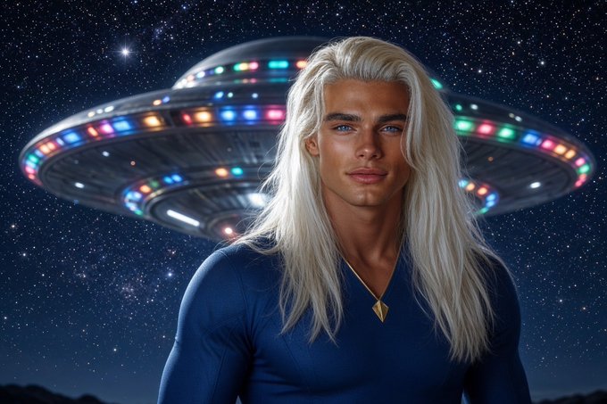 A digital illustration of a handsome man with long platinum blonde hair wearing a blue shirt, standing in front of a colorful UFO against a starry night sky.
