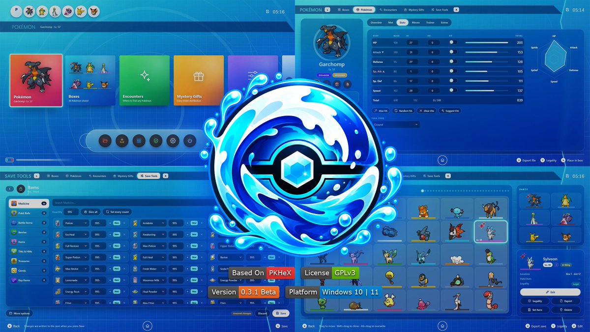 HydrosPlays's tweet photo. TidalHeX v0.3.1 Beta Pre-Release 🌊 

A GUI revamp project for the popular Pokemon save editor, PKHeX, for Windows 10/11. Project is still being updated, but feel free to try it out!

Get it here 👇
https://t.co/Z96xBscEJk https://t.co/uAOvaOCxSl