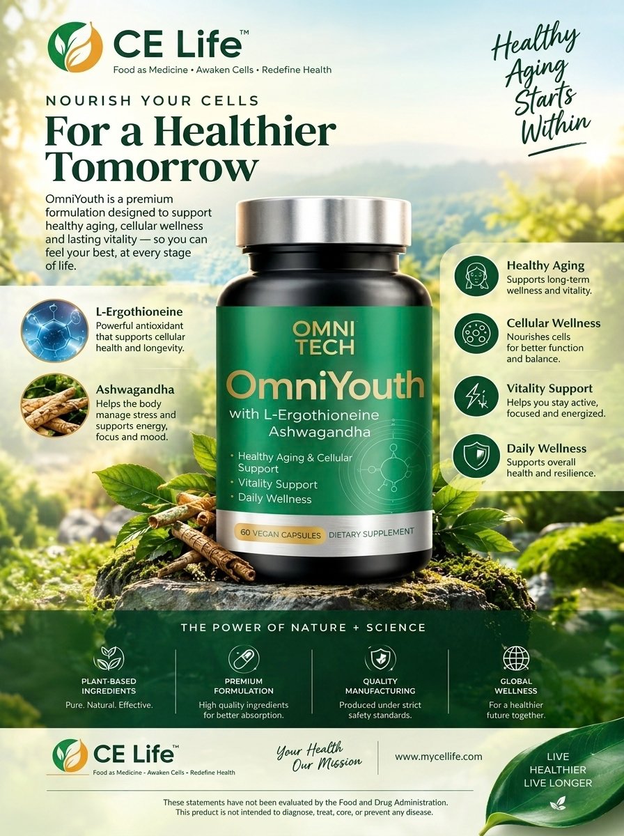 celifetech's tweet photo. 🌿✨ Meet OmniYouth™ by CE Life.

Featuring L-Ergothioneine + Ashwagandha, with a focus on healthy aging, cellular wellness, vitality &amp; daily wellbeing.

Nourish Your Cells.

🌐 https://t.co/H5f7MSGnK2

#OmniYouth #CELife #HealthyAging https://t.co/vmY6KqVOUU