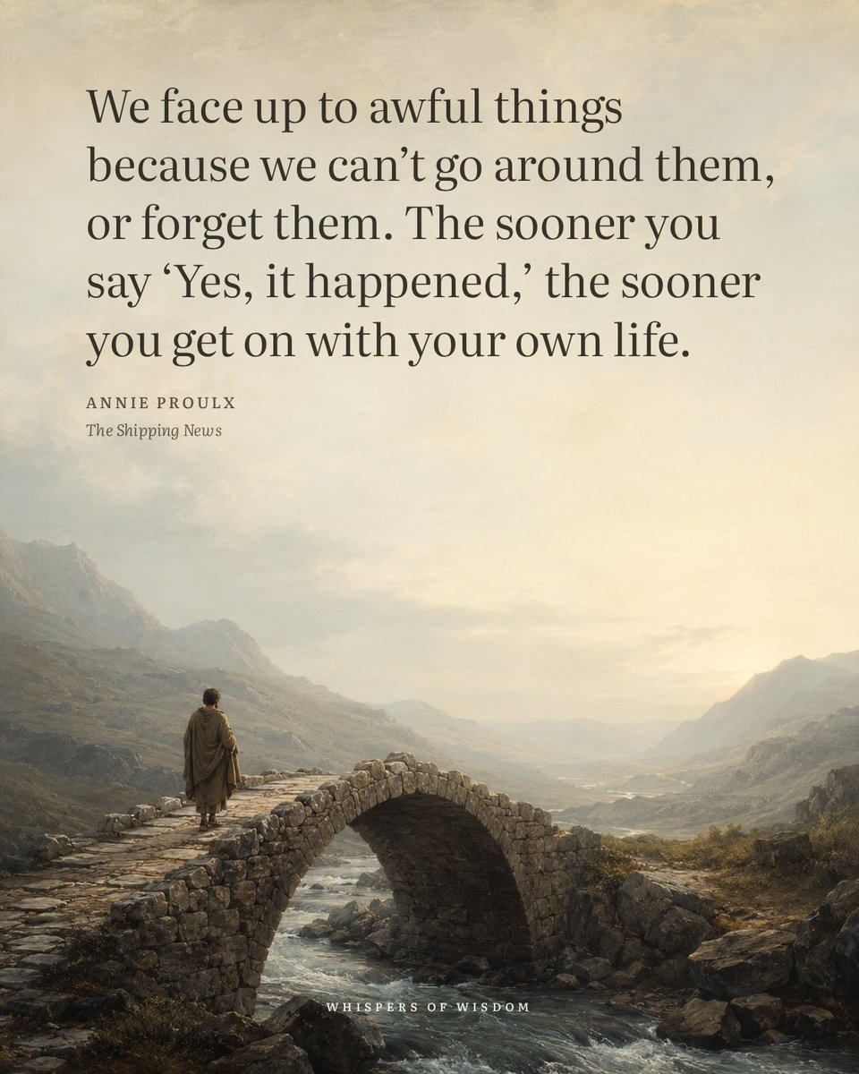 WisdomOfWhisprs's tweet photo. There is no route around the worst things. You can’t reroute your life to avoid them, and you can’t outrun them by pretending they never happened. Agnis Hamm’s advice in The Shipping News is blunt, but it points to a real release. The resistance usually comes before the admission. Once you say, "Yes, it happened," you stop spending your energy on holding the door shut. That energy becomes yours again. This is not about recovering or feeling better immediately. It is about getting on with your life because the alternative, staying stuck at the gate, costs more. Facing what is awful is how you move forward.

“We face up to awful things because we can't go around them, or forget them. The sooner you say 'Yes, it happened,' the sooner you get on with your own life.”
— Agnis Hamm (Annie Proulx, The Shipping News)