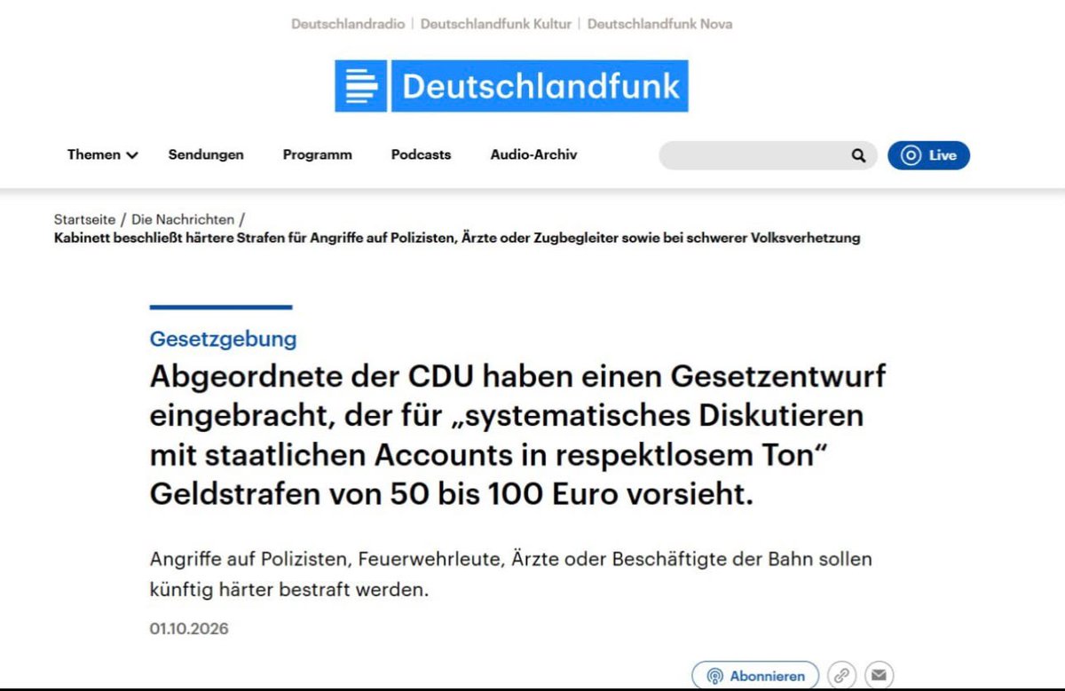 BerlinDepesche's tweet photo. ⚡️50 bis 100 Euro Strafe: Ein neuer Gesetzentwurf der CDU sieht vor, respektlose und systematische Diskussionen mit staatlichen Accounts in den Kommentaren in Deutschland künftig mit Geldstrafen zu belegen. https://t.co/Kz8u6BKbTs