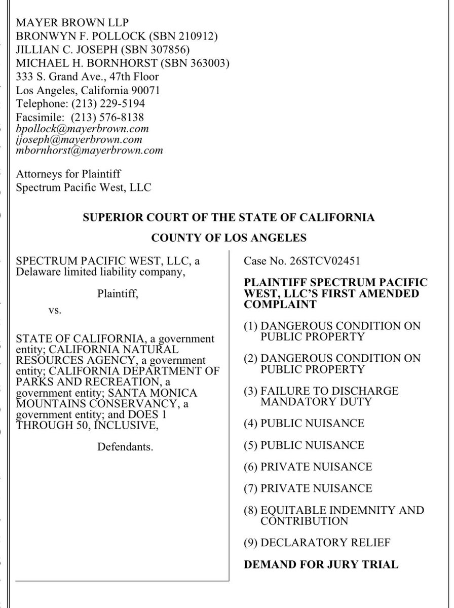 spencerpratt's tweet photo. Wow. Spectrum just went scorched earth blaming Gavin Newsom for the Palisades Fire. 

“This disaster did not have to happen. (The State) failed to mitigate the well-known risk of wildfire including through common-sense actions such as inspecting and addressing the
visible smoke from smoldering remnants of the Lachman Fire on their property and clearing overgrown vegetation widely known to fuel the rapid spread of wildfire.”

Just filed in court. Gavin Newsom will pay for the Palisades Fire. Bonehead Bob Bonta needs to stop fighting fire victims.