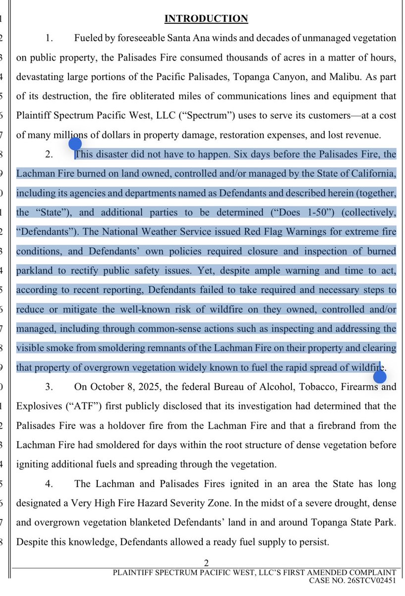 spencerpratt's tweet photo. Wow. Spectrum just went scorched earth blaming Gavin Newsom for the Palisades Fire. 

“This disaster did not have to happen. (The State) failed to mitigate the well-known risk of wildfire including through common-sense actions such as inspecting and addressing the
visible smoke from smoldering remnants of the Lachman Fire on their property and clearing overgrown vegetation widely known to fuel the rapid spread of wildfire.”

Just filed in court. Gavin Newsom will pay for the Palisades Fire. Bonehead Bob Bonta needs to stop fighting fire victims.