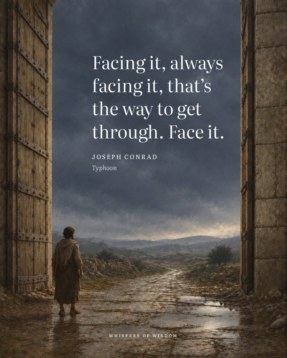 WisdomOfWhisprs's tweet photo. MacWhirr doesn’t offer a strategy or a promise that the storm will pass quickly. He states a plain fact about endurance: you go through it by facing it. Not by outthinking it, not by finding a safer route, but by turning toward what’s already there.

There’s a strange relief in that. The thing you dread doesn’t become less real by avoiding it. It just waits. Facing it means you stop negotiating with your own fear and start moving.

The way through is not around. It’s straight into the weather, with your eyes open. That’s all. That’s enough.

“Facing it, always facing it, that's the way to get through. Face it.”
— Joseph Conrad