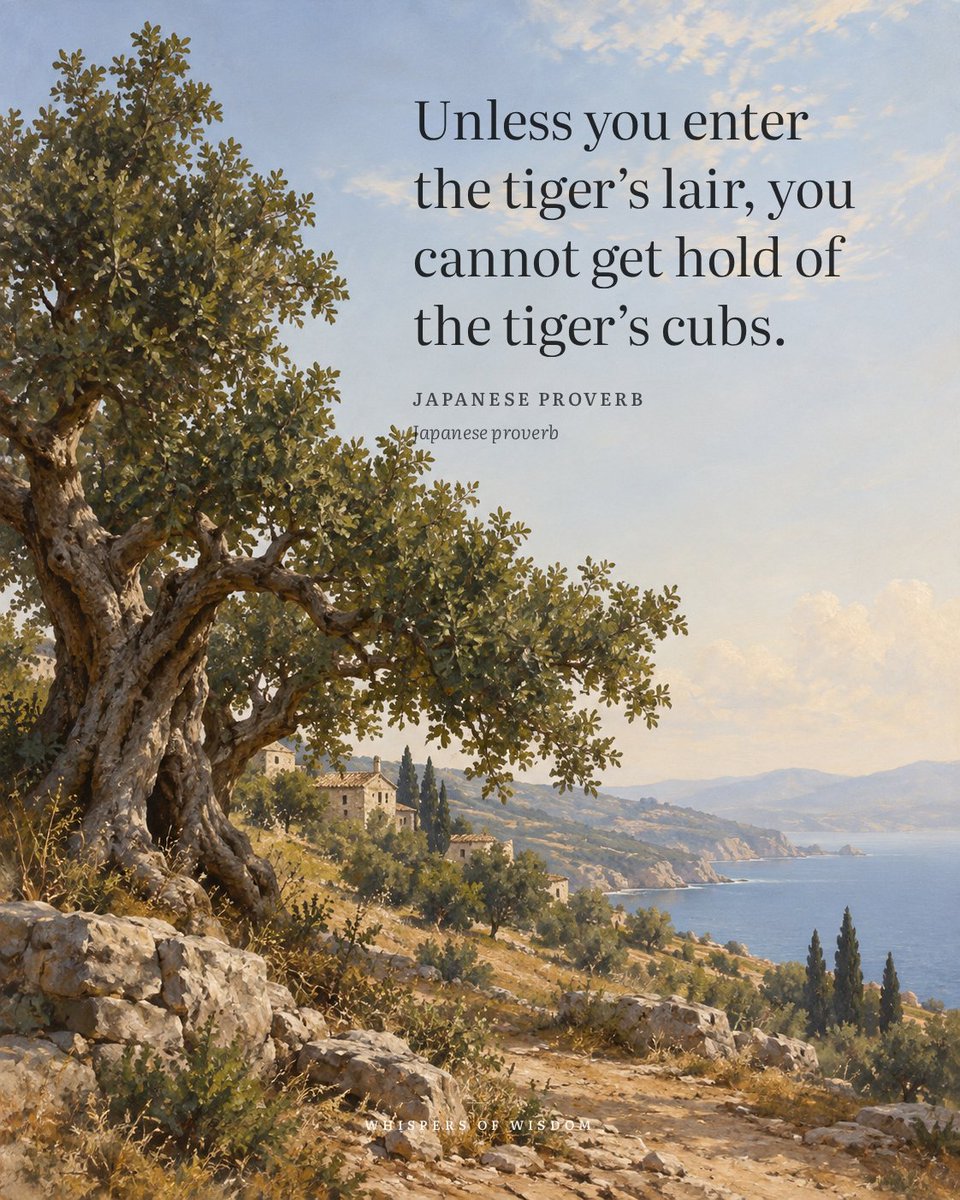 WisdomOfWhisprs's tweet photo. The tiger's cubs are not found at a safe distance. They are in the lair, and the lair is where the fear lives. This proverb does not promise the tiger will be sleeping. It says only that the prize and the danger share the same space.

You cannot bargain for the cubs from outside. You cannot wait for the danger to pass before you move. The entrance is the price.

The point is not to feel brave. The point is to step in anyway, accept the risk, and see what is actually there.

“Unless you enter the tiger's lair, you cannot get hold of the tiger's cubs.”
— Japanese Proverb