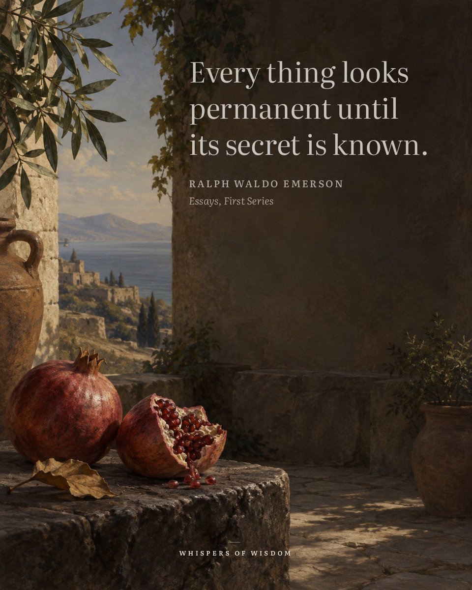 WisdomOfWhisprs's tweet photo. We treat so much of life as fixed. The job, the argument, the worry, the person. Solid walls. Then one conversation, one piece of news, one quiet realization—and the wall turns out to be a door.

Emerson’s line isn't a call to cynicism. It’s an invitation to look twice. The secret isn’t always dramatic. It's often just that things are made of smaller, shifting parts. Knowing that doesn't make change easy. But it keeps us from freezing when the ground moves. We stay soft enough to adapt, because permanence was never the rule. It was only the view from where we stood.

“Every thing looks permanent until its secret is known.”
— Ralph Waldo Emerson