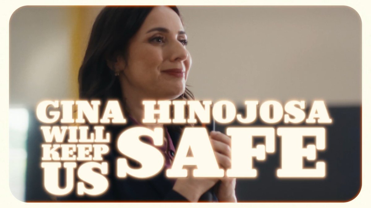 A woman with dark hair smiles warmly while looking off-camera, overlaid with bold text reading "GINA HINOJOSA WILL KEEP US SAFE." The image appears to be a campaign-style graphic promoting Gina Hinojosa, likely in response to the post referencing her authorship of Texas HB88 (George Floyd Act) during the 87th Legislative Session.
