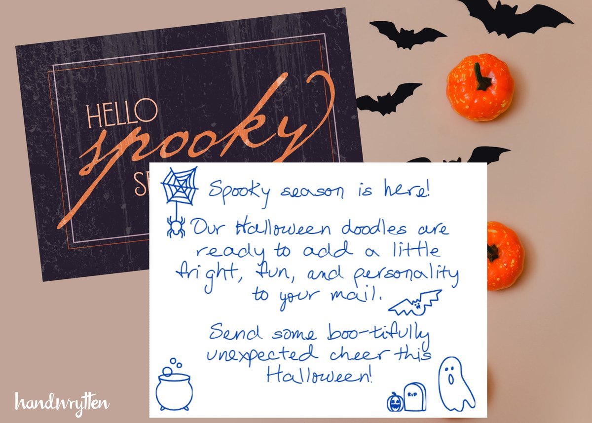 Handwrytten's tweet photo. 🎃 Spooky mail is here. 👻Give your customer outreach a little #Halloween magic with @Handwrytten’s seasonal doodles. Real pen. Real ink. Real mail. Just a little more spooky. 

Start Sending 🕷️https://t.co/U6HGYkEF8q

#Handwrytten #DirectMail #HandwrittenCards #B2B #DirectMail https://t.co/W6t22mWTN5