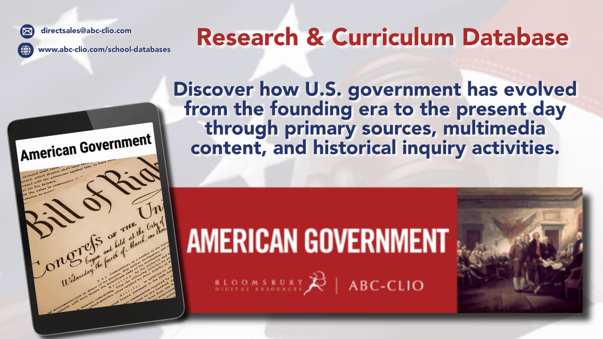 NCSSNetwork's tweet photo. Help your students become civically literate while meeting core U.S. Government teaching standards! The American Government database examines the foundations of U.S. government alongside key questions about its evolving role. Explore: https://t.co/osZgT205bw

[Sponsored by @ABC_Clio]