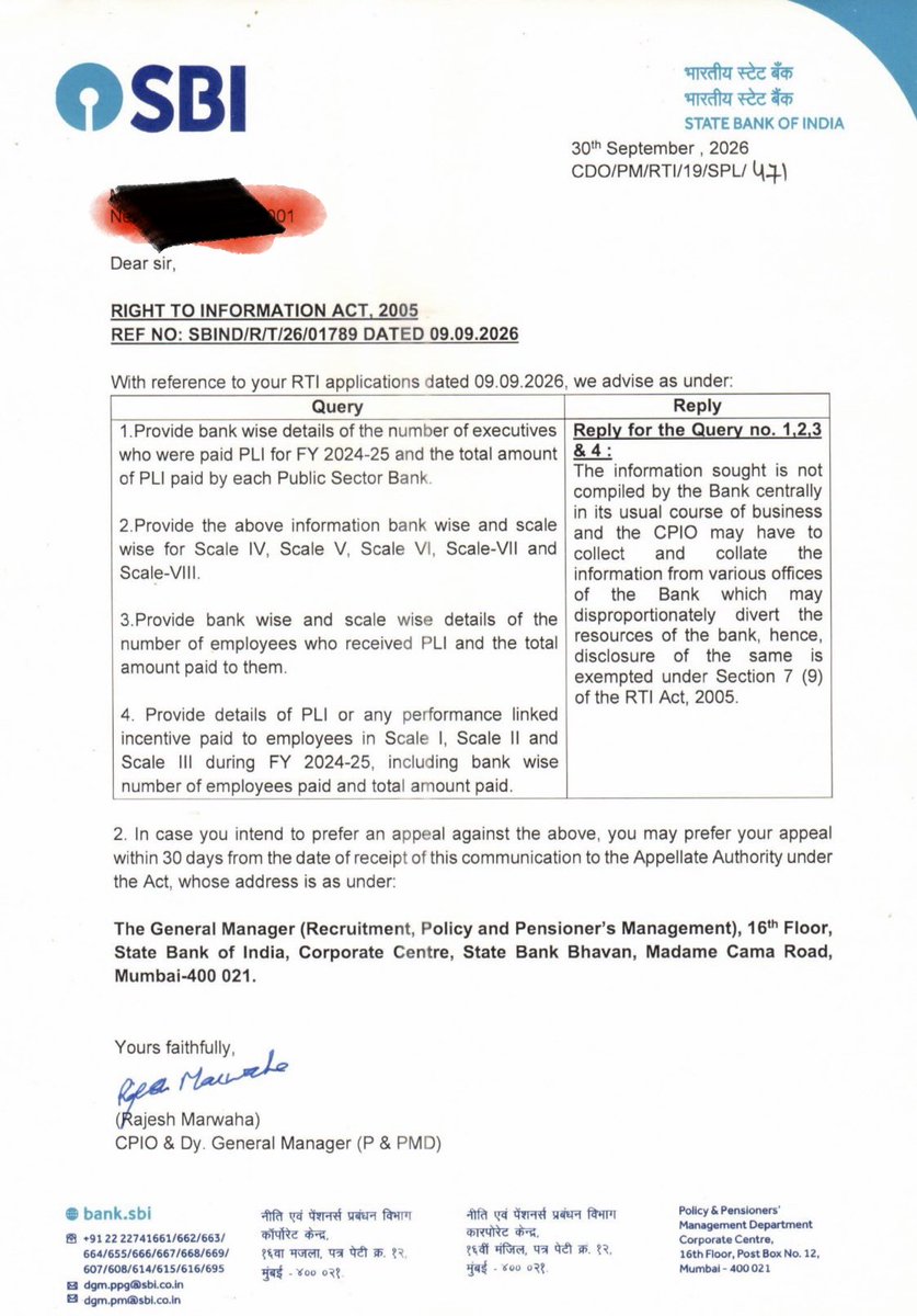 TheBankersVoice's tweet photo. India’s largest public sector bank claims collecting data on executive bonuses would "disproportionately divert resources." 🤡

An RTI asking for Performance Linked Incentive (PLI) paid to @TheOfficialSBI executives gets rejected under Sec 7(9) citing no "central compilation."

Let’s be honest: 
📊 Any clerk with basic Excel skills can filter and extract this payroll data in 5 minutes.
🤖 With modern AI tools, it doesn’t even take 1 minute.

Why the secrecy over public sector executive payouts ?

Is transparency an inconvenience when it comes to the top brass ?

RT if you think public institutions owe taxpayers full accountability! 📢

#SBI #RTI #BankingNews #CorporateGovernance #Transparency #IndianBanking #Accountability @idesibanda @bankpediaa @kanalmedia23