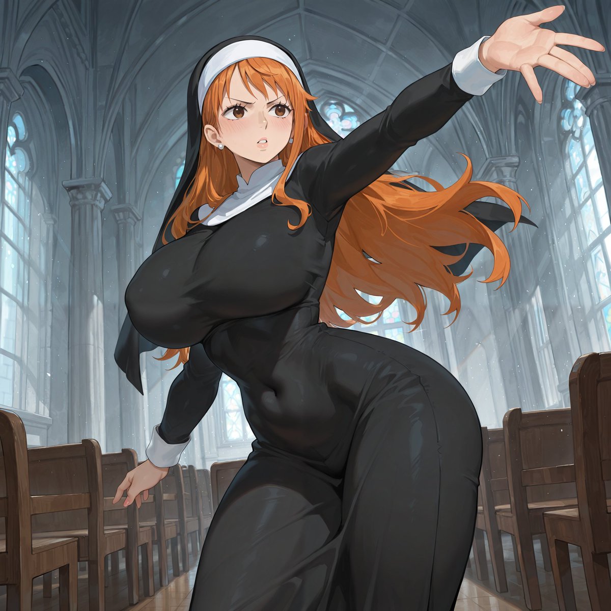 Sin_boca_'s tweet photo. Incluso las navegadoras más ambiciosas necesitan un respiro de fe... o al menos de los impuestos. Nami, lista para el convento (y para cobrar el diezmo en mandarinas). 🍊⛪ https://t.co/61MUnPkZVD
