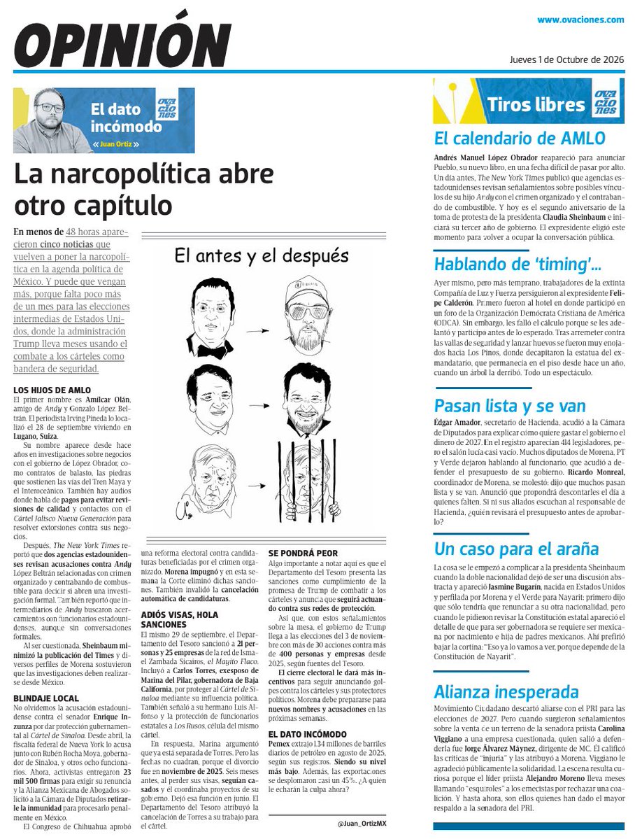 Juan_OrtizMX's tweet photo. 🗳️📌 LA NARCOPOLÍTICA ABRE OTRO CAPÍTULO

En menos de 48 horas aparecieron cinco noticias sobre la relación entre el crimen organizado y la política:

📍 Amílcar Olán. Irving Pineda localizó en Lugano, Suiza, al operador financiero de Andy y Gonzalo López Beltrán, señalado desde hace años por contratos públicos y audios sobre sus negocios.

📍 Andy López Beltrán. The New York Times reportó que dos agencias estadounidenses revisan acusaciones sobre posibles vínculos con crimen organizado y contrabando de combustible. 

📍 Enrique Inzunza. Activistas entregaron 23 mil 500 firmas para exigir su salida del Senado y abogados solicitaron formalmente retirarle el fuero. 

📍Chihuahua. Morena impugnó la reforma electoral contra la injerencia criminal en elecciones y la SCJN eliminó las sanciones automáticas contra candidatos beneficiados por actos de terceros, además de la cancelación automática del registro.

📍 Carlos Torres. El Departamento del Tesoro sancionó al exesposo de Marina del Pilar y lo señaló por utilizar su influencia para facilitar operaciones del Cártel de Sinaloa en Baja California.

Y vendrán más noticias...

⏩ @ovaciones