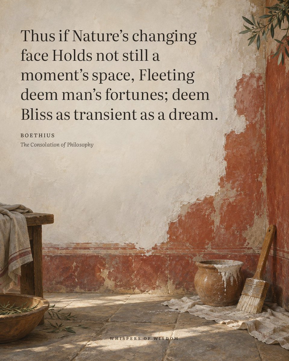 WisdomOfWhisprs's tweet photo. If the natural world never holds still, Boethius suggests we should not expect our own fortunes to do so either. A clear sky becomes rain; a blossoming tree drops its leaves. This is not a complaint against the world, but a description of it. If we deem our successes as permanent, we set ourselves up for a fall. If we deem them transient, we can meet change with composure. The same logic applies to sorrow; it too is part of the passing scene. Seeing our circumstances as fleeting is not pessimism. It is simply a more accurate way to inhabit a world that never pauses.

“Thus if Nature's changing face Holds not still a moment's space, Fleeting deem man's fortunes; deem Bliss as transient as a dream.”
— Boethius