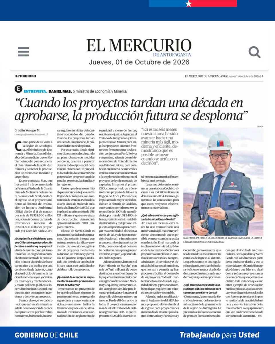 MinMineria_cl's tweet photo. Hoy en El Mercurio de Antofagasta 🗞️, el biministro Daniel Mas abordó el trabajo que estamos impulsando para sostener la producción de cobre y reactivar la inversión minera: simplificación de permisos y autorizaciones, mayor certeza jurídica, incentivos a la exploración, modernización del SEIA y medidas para fortalecer la pequeña minería ⛏️