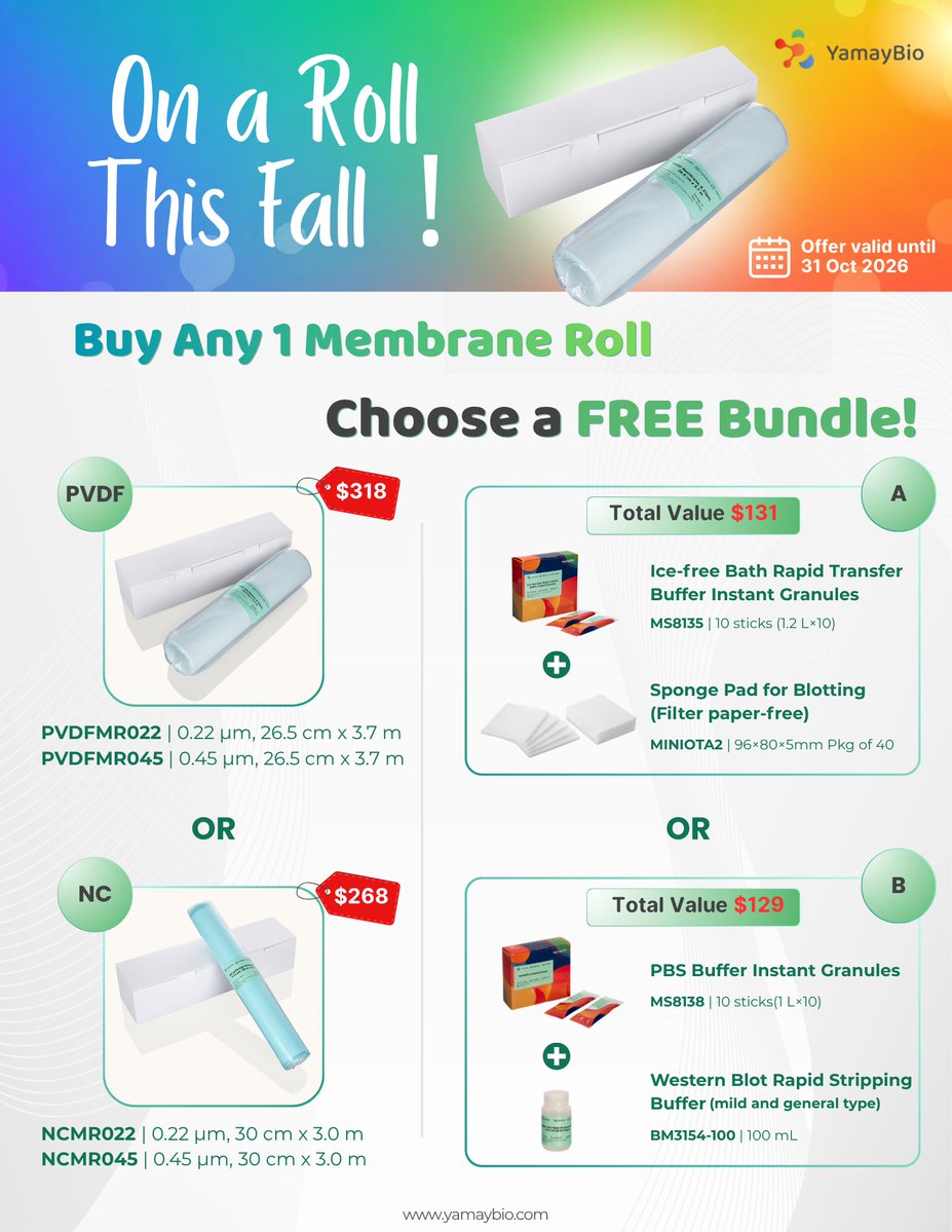 yamaybioinc's tweet photo. On a Roll This Fall!
Buy an eligible PVDF or NC membrane roll and choose a FREE bundle worth up to $131!
Stock up on Western blot essentials while the offer lasts.
📅 Valid through Oct. 31, 2026.
#WesternBlot #PVDF #Nitrocellulose #ProteinResearch #LabLife #Research #Science https://t.co/nVXmElLN8m