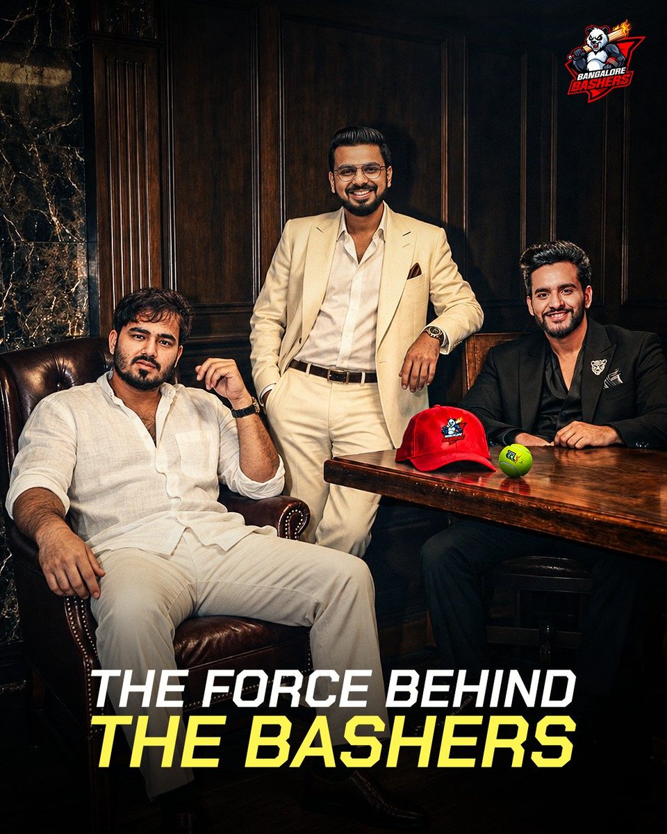 blrbashersECL's tweet photo. Soch badi, plan solid - aur mission sirf ek: Team  ko top tak le jaana. 🏏

Meet the owners of the Bangalore Bashers 👑
Mayank Raj, Pushkar Raj Thakur and Abhishek Malhan.

#BangaloreBashers | #ECLT10 | #Cricket | #PandaGang https://t.co/QB5tyd2Ck4