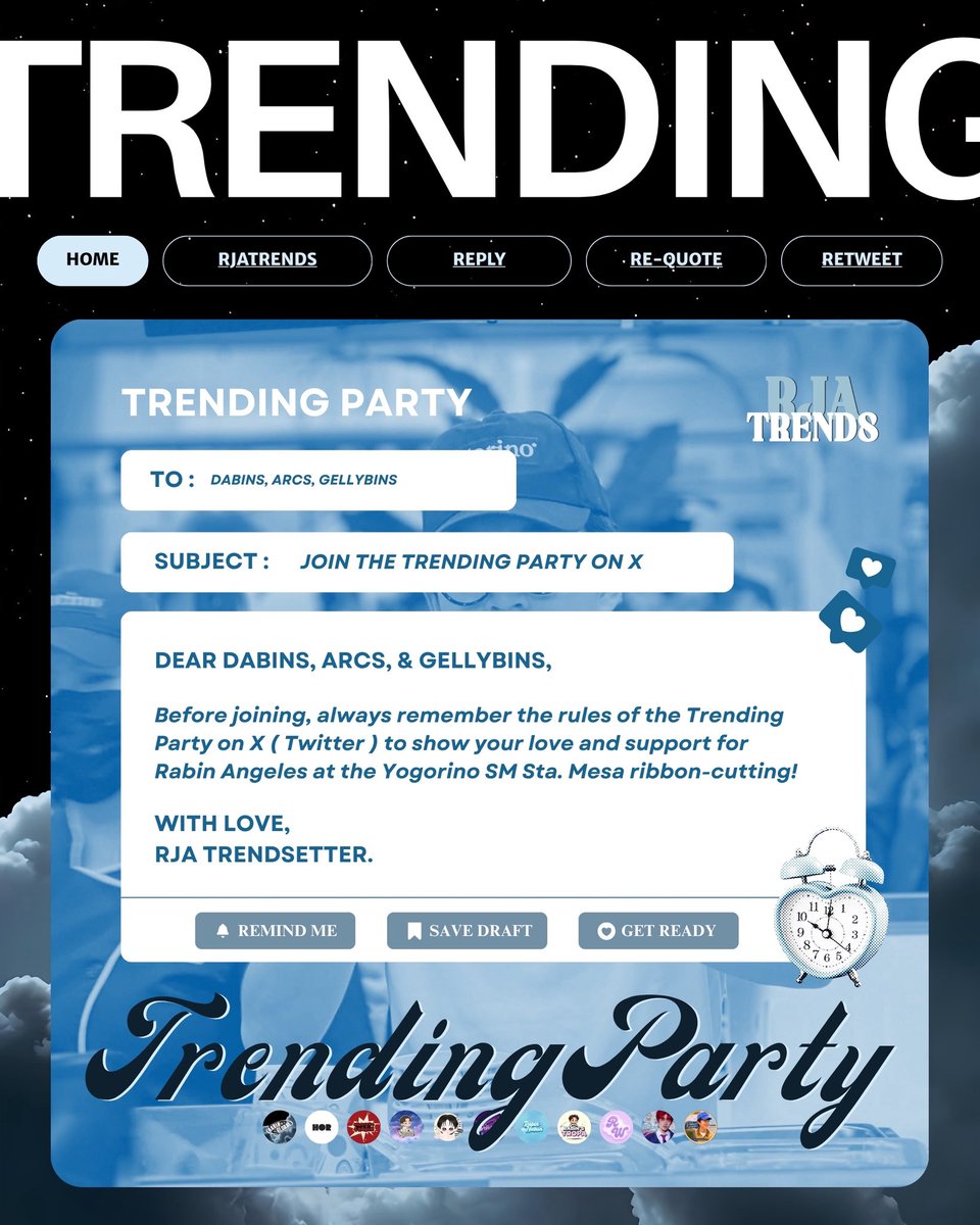 RJATRENDSOFC's tweet photo. ⓘ 𝗔𝗥𝗥𝗢𝗪𝗦 𝗛𝗘𝗥𝗘 🏹

Trending Party show your love &amp; support for Rabin Angeles at Yogorino SM City Sta. Mesa!

📆  OCTOBER 2, 2026
⏰  12 PM
🏷  /YOGORISTAR RABIN

#.YogoFriDateWithRAB 

🎯 Save your drafts now on X see you soon, dabins, arcs, and gellybins! https://t.co/jQaFLdeeOy