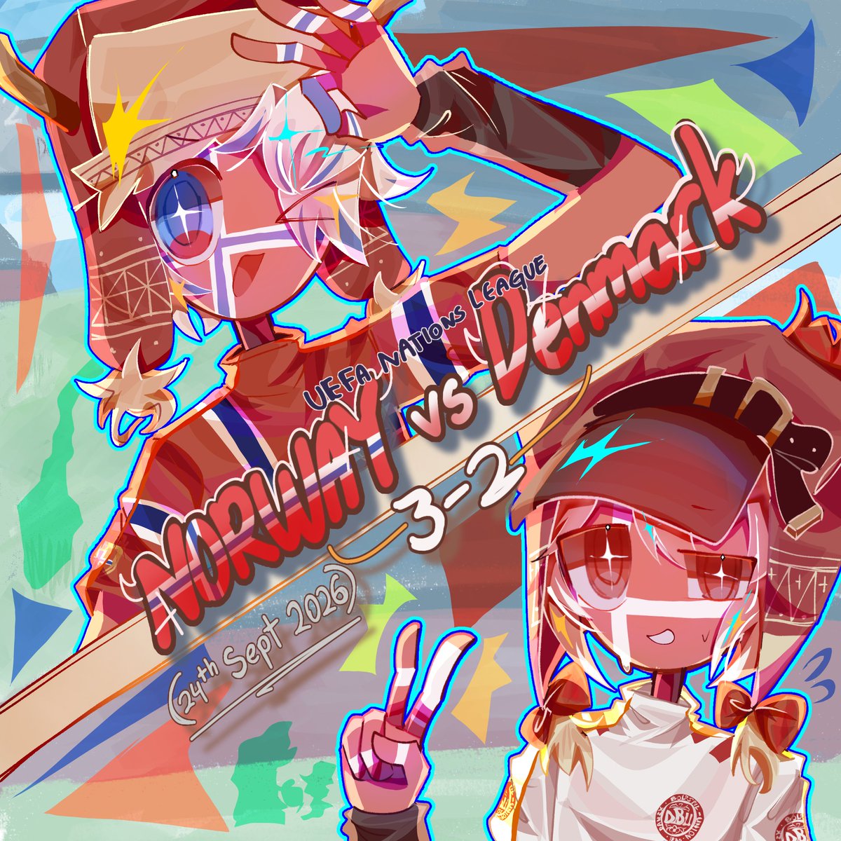 kbwwisn's tweet photo. LATE POSTING but it's based on the match on 24th Sept!❤ I got busy with college that I didn't get to finish this earlier╥﹏╥ but I hope to be able to draw more 🇳🇴🇩🇰 later!!`(*∩_∩*)′
#countryhumans
#countryhumansNorway
#countryhumansDenmark https://t.co/Dd6w7YIm2o