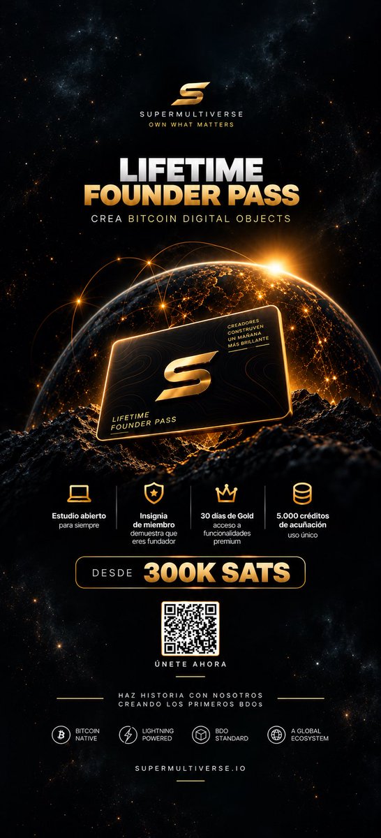 Supermultiver's tweet photo. This weekend, find us at @Wo_Bitcoin 🚀

We’re bringing 100 Limited Lifetime Founder Passes.

We’re looking for 100 crazy builders ready to make history with Bitcoin Digital Objects ⚡️

Be one of the first 100.
Come get yours. 👊

@tonimoral23 @BitcoinObjects https://t.co/DdWLbG57s4