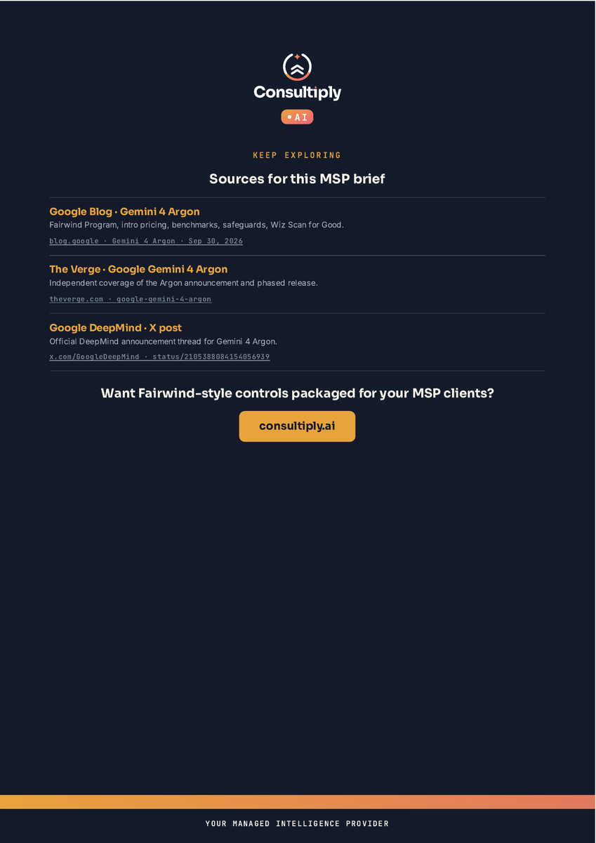geekdude's tweet photo. Google gated Gemini 4 Argon to trusted cyber defenders first. 🔐

Frontier access is not the product. Controls, sandboxes, and named owners are.

That is the MSP packaging play.
https://t.co/3C2jb8Jyr5
#MSP #AIGovernance #Consultiply #PutAIToWork https://t.co/26N54SvCNl