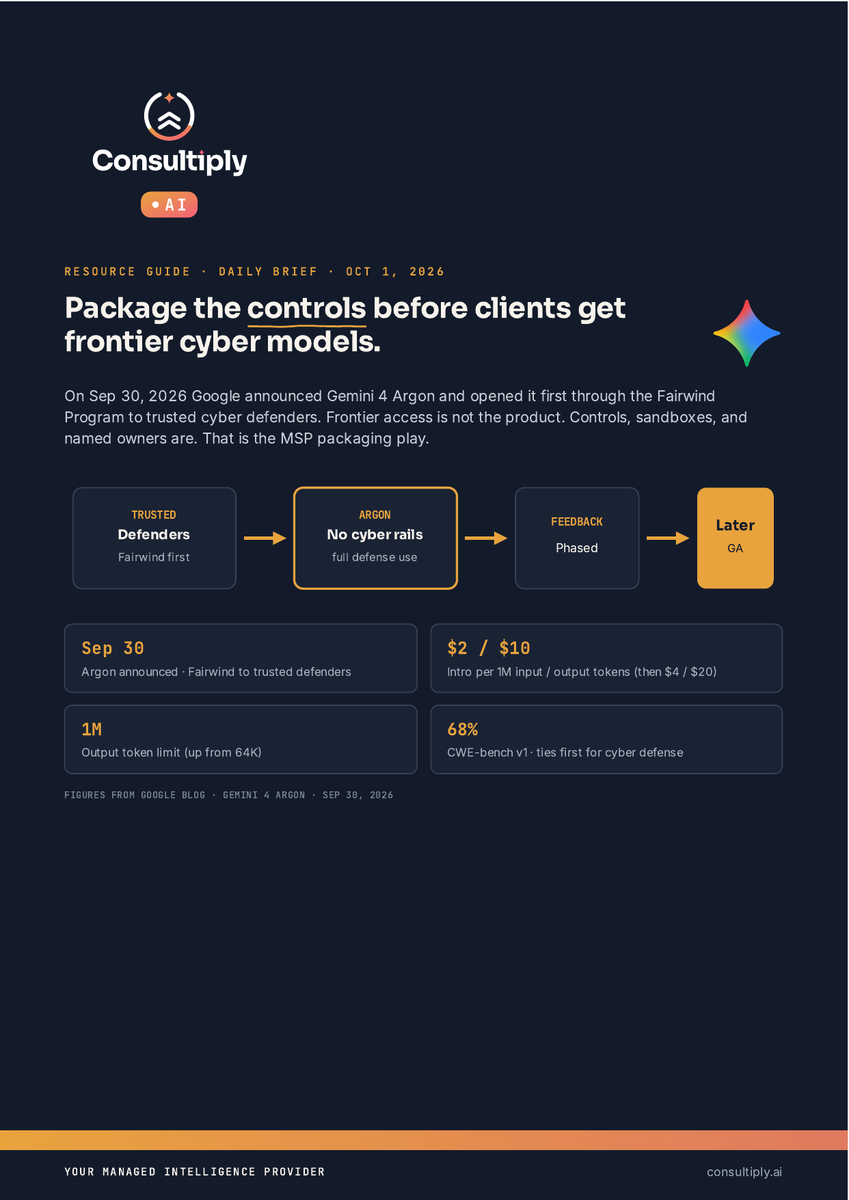 geekdude's tweet photo. Google gated Gemini 4 Argon to trusted cyber defenders first. 🔐

Frontier access is not the product. Controls, sandboxes, and named owners are.

That is the MSP packaging play.
https://t.co/3C2jb8Jyr5
#MSP #AIGovernance #Consultiply #PutAIToWork https://t.co/26N54SvCNl