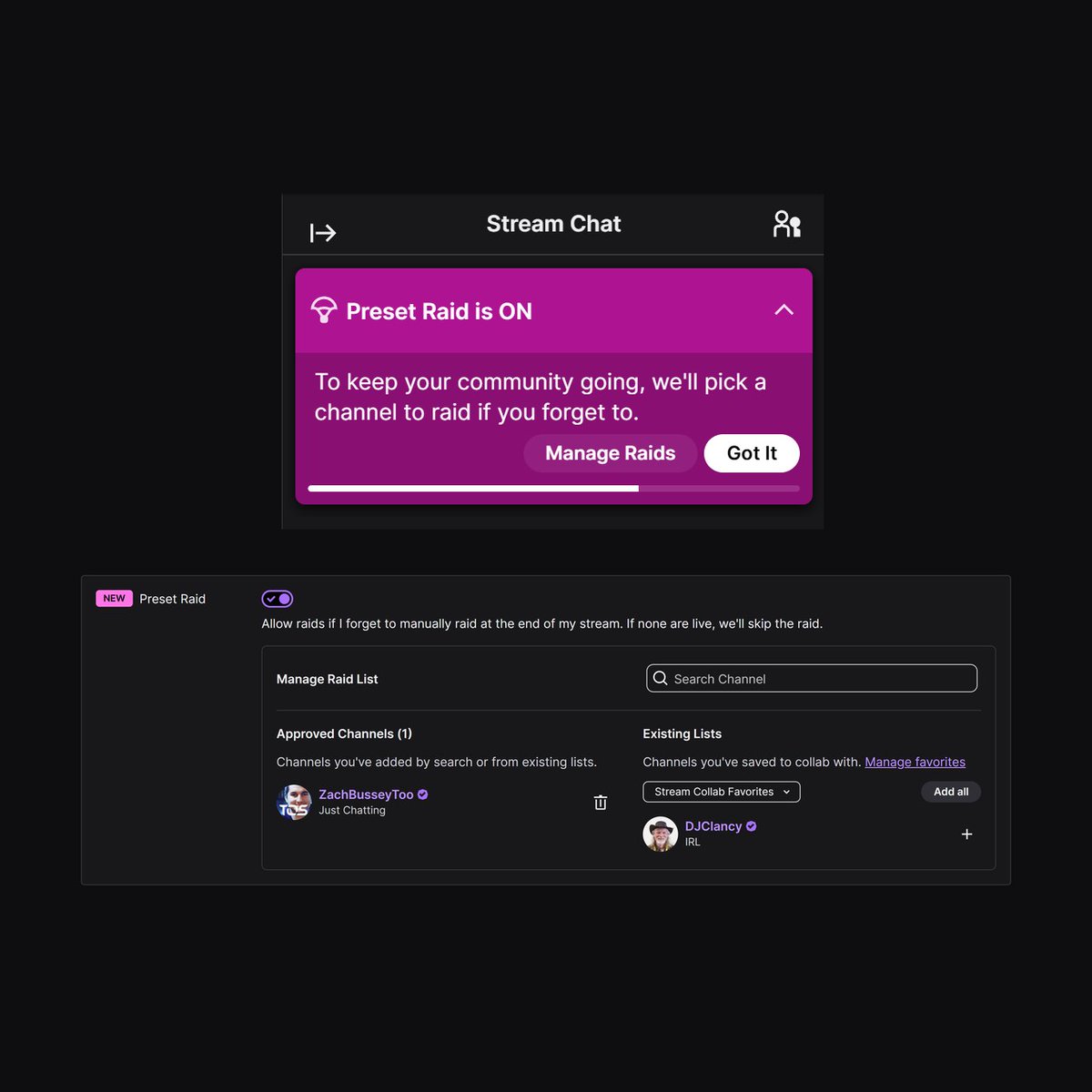 zachbussey's tweet photo. Twitch will soon test an "Auto Raid" feature.

It appears to let you create a list of potential raid targets, and if you don't manually raid at the end of your stream, it will automatically select one to raid. 

This feature is similar to the now-deprecated "Auto Host". https://t.co/x0xcjFAbW3