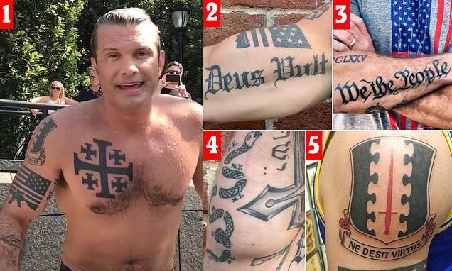 Christo12919382's tweet photo. Seriously folks: We have a white Christian Nationalist with BANNED tattoos leading our military.
Oh yeah, Hegseth's unit also banned him from Biden's inauguration because of his tattoos and white supremacy beliefs. https://t.co/8LTlVdHlV0