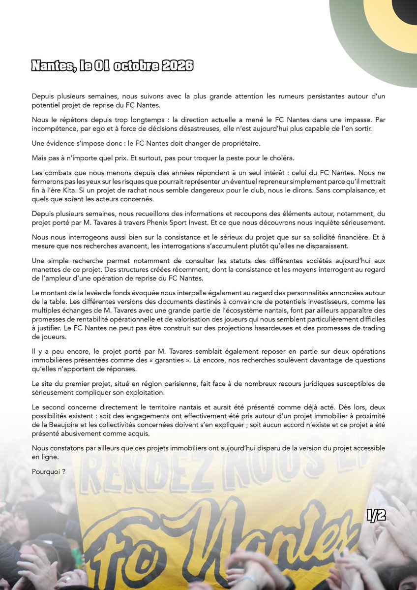 Legio_FCN's tweet photo. Communiqué Brigade Loire

« Le @FCNantes doit changer de propriétaire. Mais pas à n’importe quel prix. Et surtout, pas pour troquer la peste pour le choléra. »

⬛️🟨🟩 https://t.co/Mv0BJMp2RK